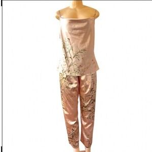 Beige Champagne Floral Satin Feel Polyester Pajama Set Size Medium
